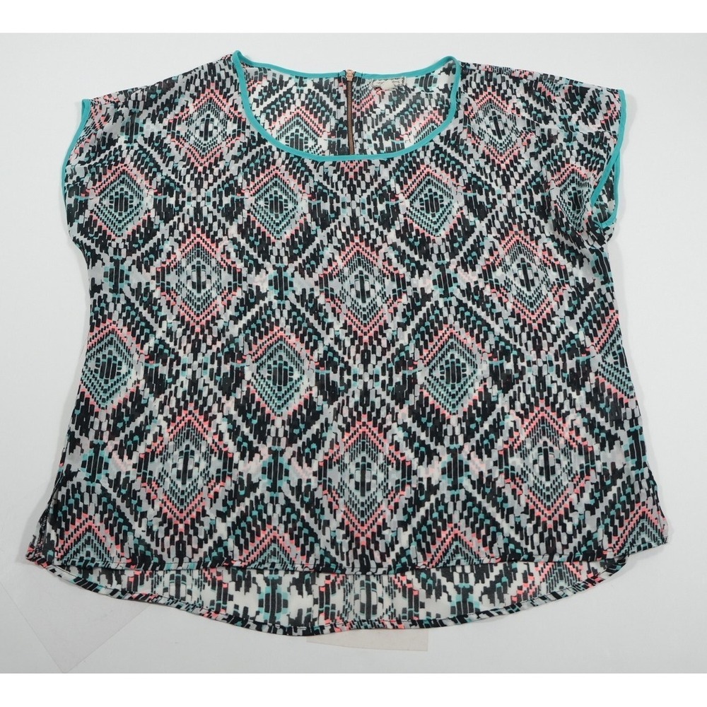 Eyeshadow Top Womens‎ L Multi Geometric Aztec Print Cap Sleeve Back Zip Blouse